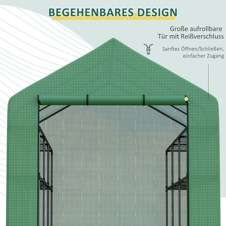 Plastikdrivhus, walk-in drivhus med 8 hylder, tomatdrivhus, drivhus, kold ramme med dør, grøn stål, pe-plast 244 x 180 x 210 cm
