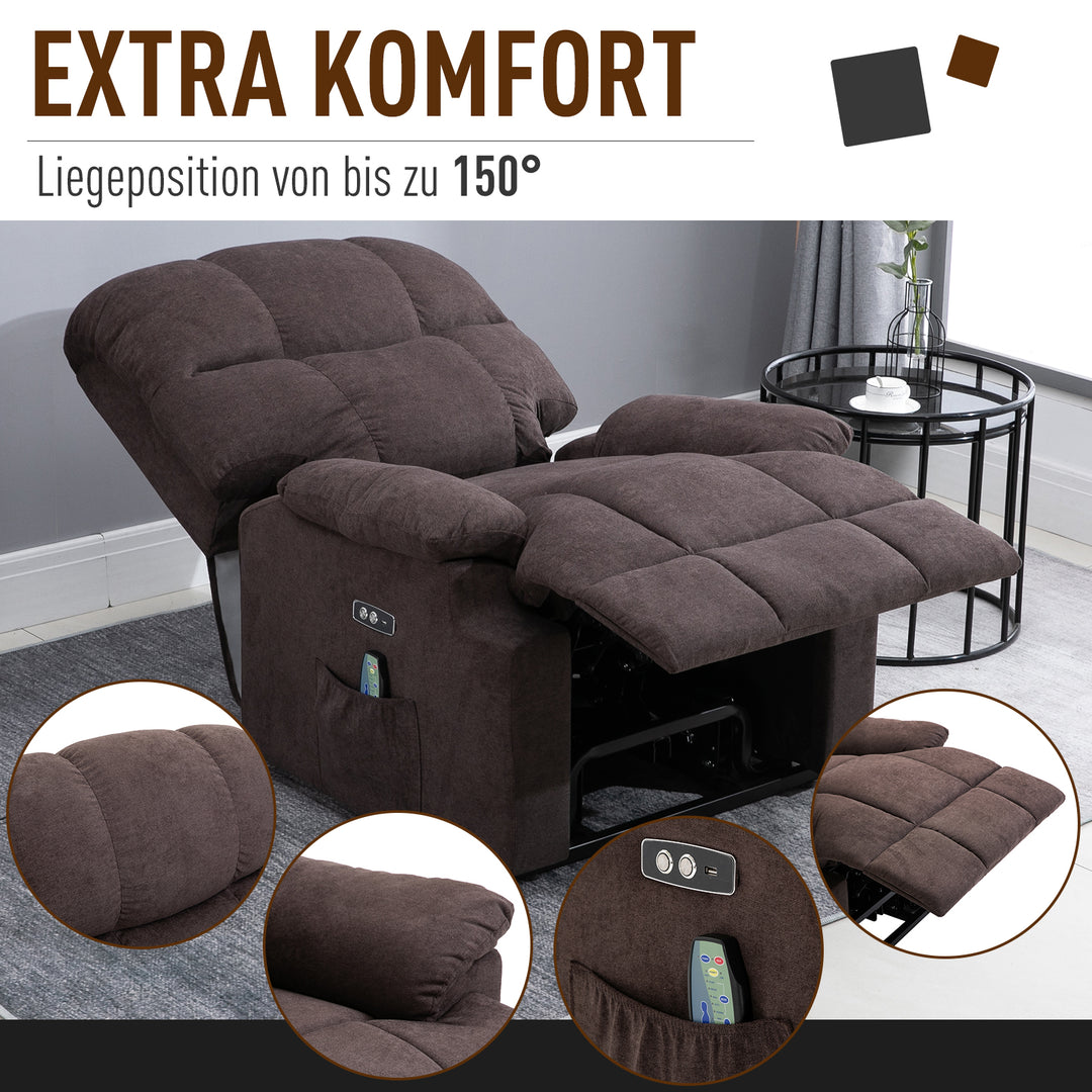 Lænestol med ståstøtte, 160° justerbar ryglæn, massage- og varmefunktion, 83 cm x 95 cm x 105 cm, brun
