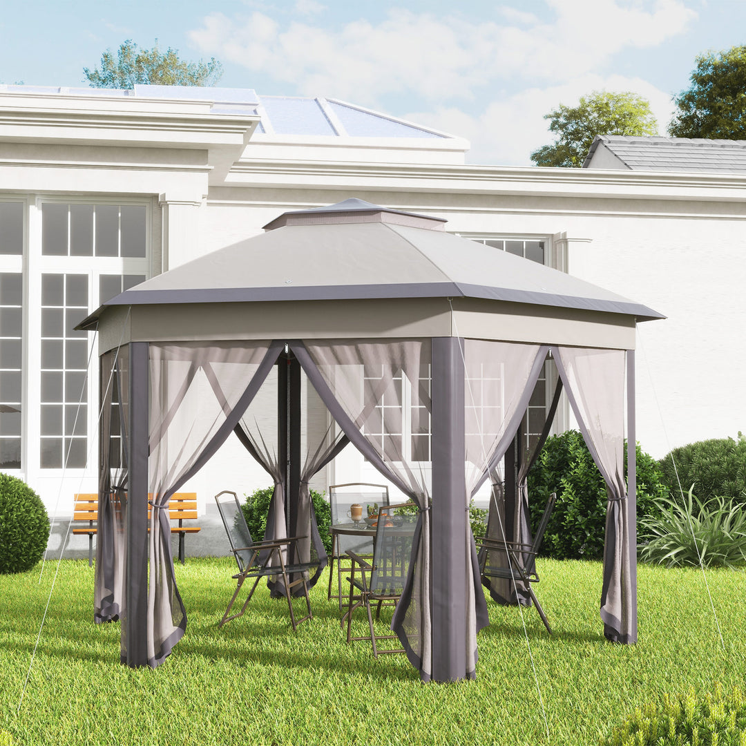 Havepavillon, foldbar pavillon, 4 x 4 m pop-up telt, partytelt inklusive bæretaske, 6 sidepaneler, dobbelt tag, sekskantet, beige