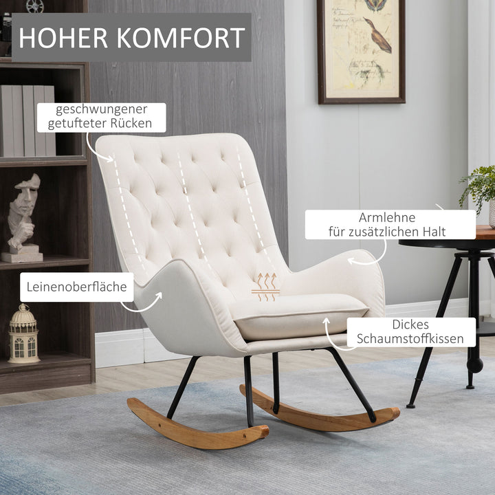 Gyngestol i skandinavisk design, afslappende lænestol, knapsyninger, 69 cm x 90 cm x 100 cm, cremefarvet + naturlig + sort