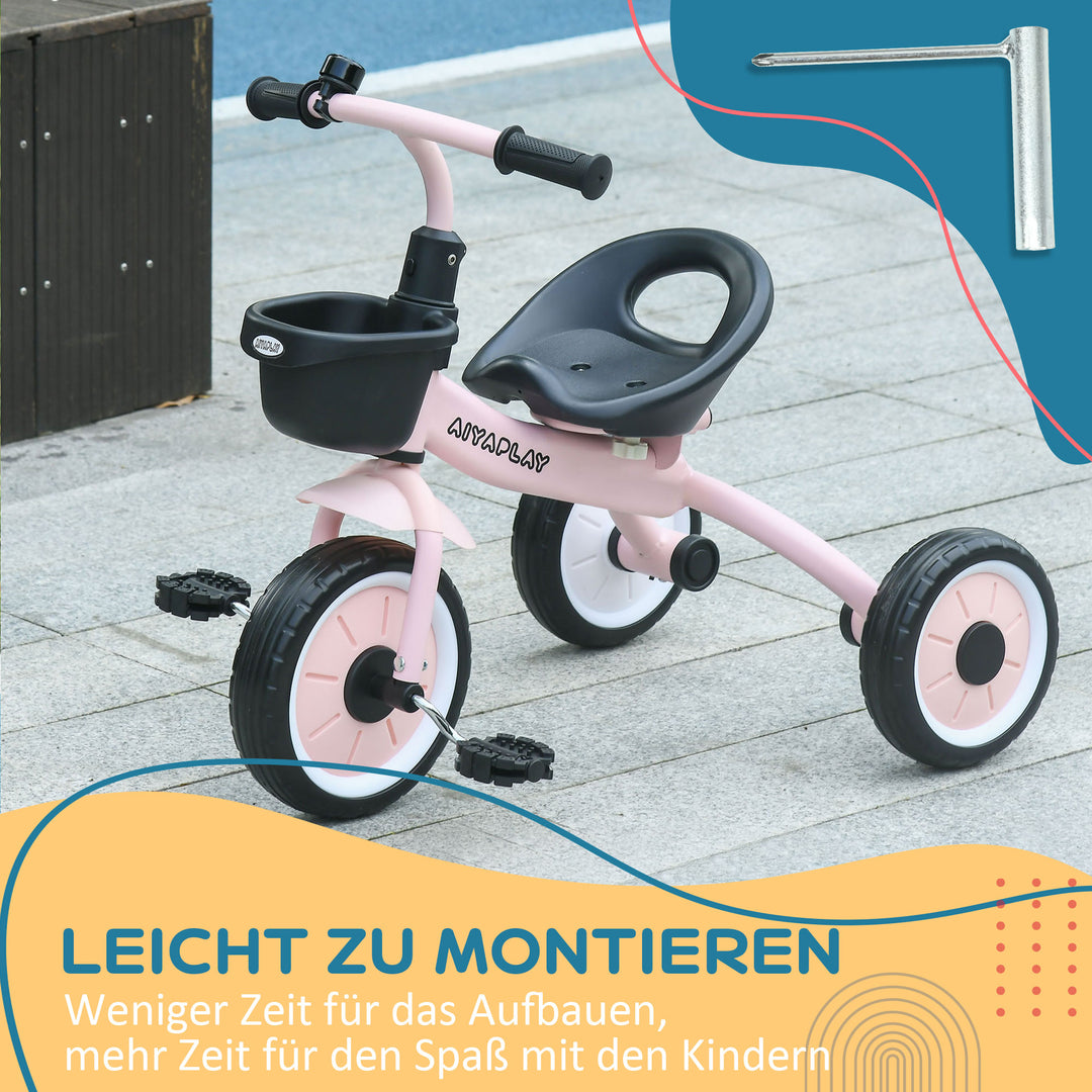 Trehjulet cykel til børn 2-5 år, højdejusterbart sæde, ringeklokke, cykelkurv, metalstel, pink