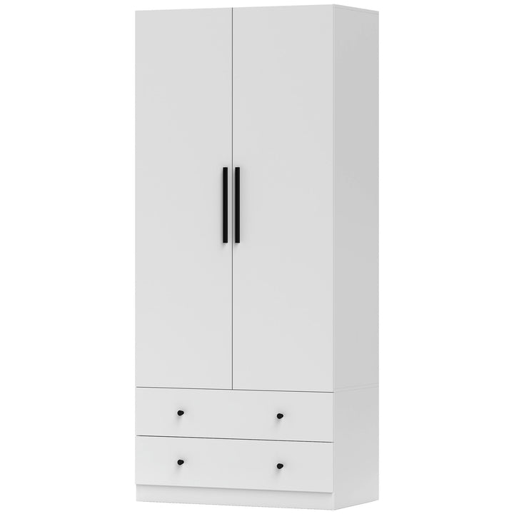 Garderobe, 2 døre, bøjleområde, bøjlestang, 2 skuffer, spånplade, hvid
