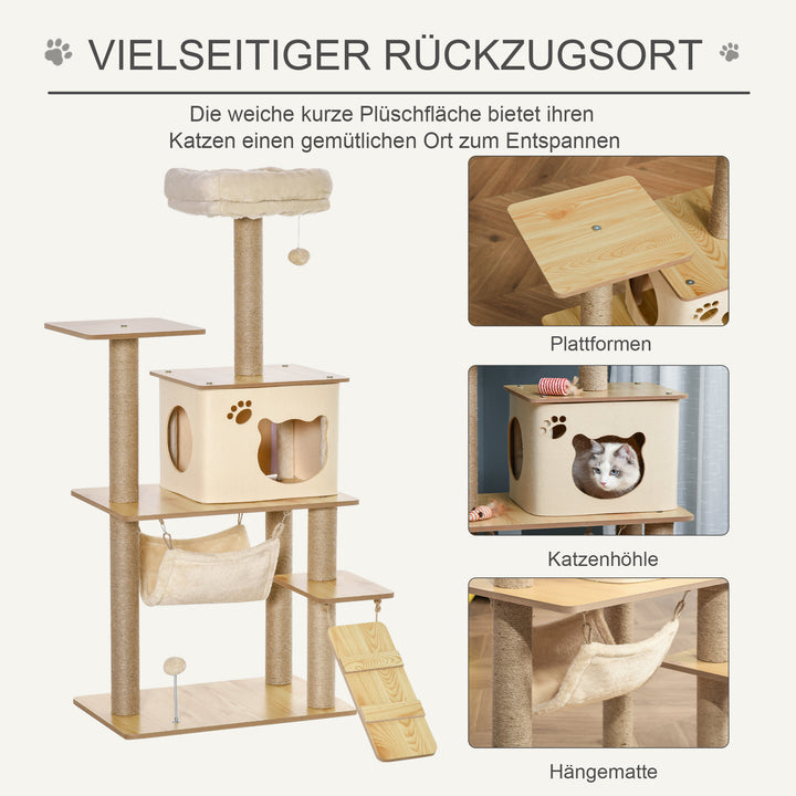 Trækradsetræ med kattehule, jutestolper, stor platform, legebolde, 130 cm høj, stabil, plys, gul, 60 x 40 x 130 cm