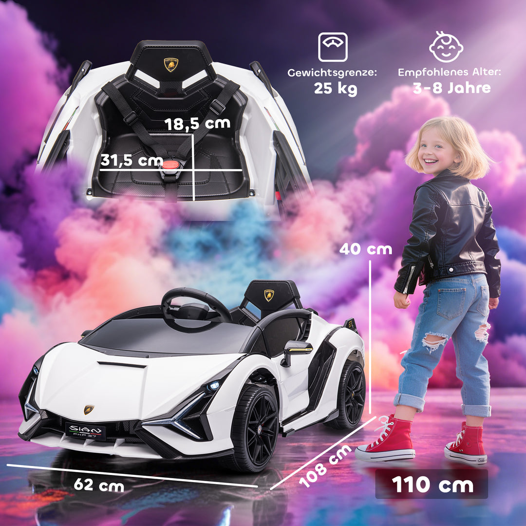 Børne elbil, 12V, med 2.4G fjernbetjening, 2 motorer, børnebil med horn, LED-lys, musik, elbil til børn i alderen 3-5 år, hvid