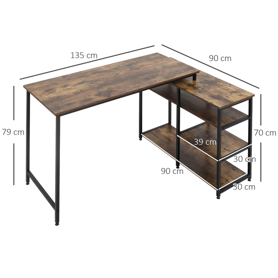 Hjørnebord vinkelbord pc-bord computerbord kontorbord hylde skuffe l-formet spånplade metal rustik brun 135 x 90 x 79 cm