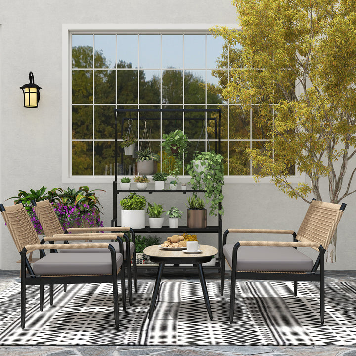 Havemøbelsæt af polyrattan loungesæt med 2-personers sofa, lænestol, glasbord, hynder til 4 personer, mørkegrå + gul