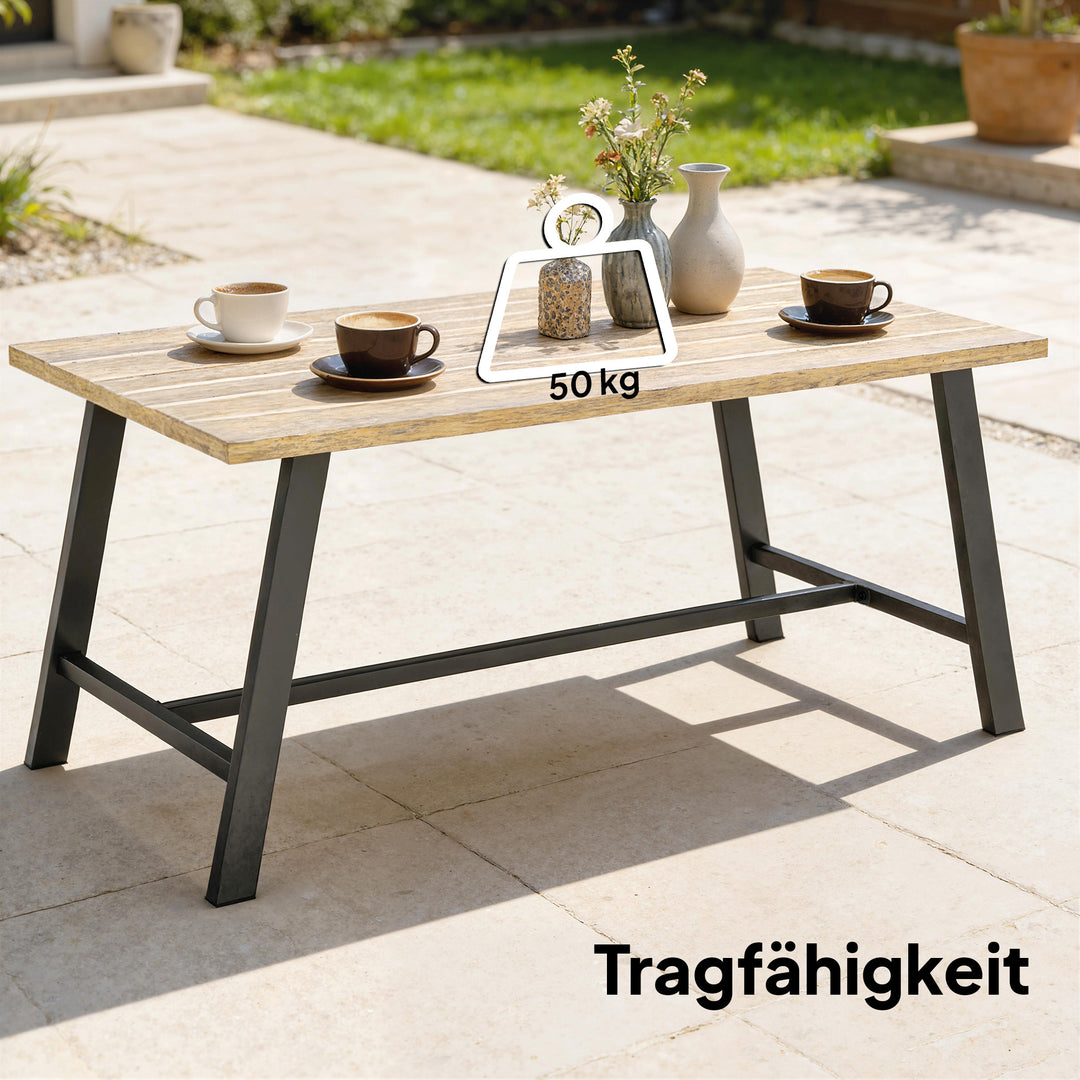 Udendørs sofabord, rektangulært metal sidebord med bordplade i trælook, 100 x 55 cm, brun