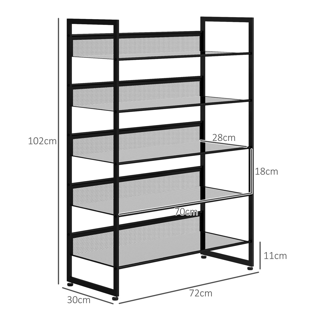 Lille skohylde, høj, smal, 5 hylder, 72 cm x 30 cm x 102 cm, sort
