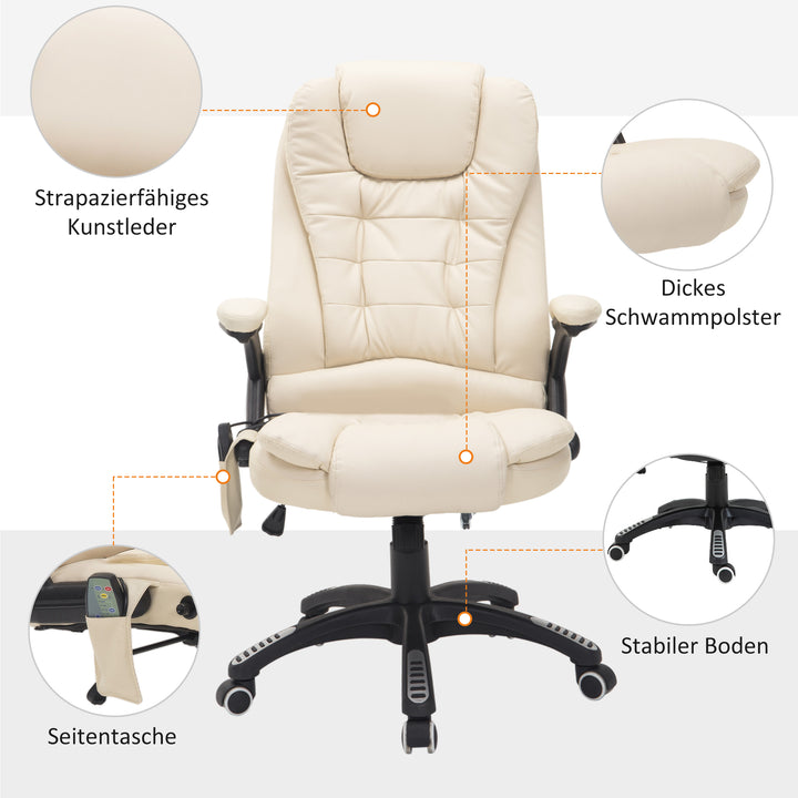 Kontorstol med massagefunktion, varmefunktion, højdejusterbar, vippefunktion, massage kontorstol, cremehvid + sort