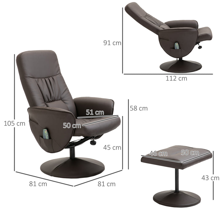 Lænestol med fodskammel, drejelig tv-stol med 10 massagepunkter, lænefunktion, massagestol med fjernbetjening, sidelomme, tv-stol, kunstlæder, brun