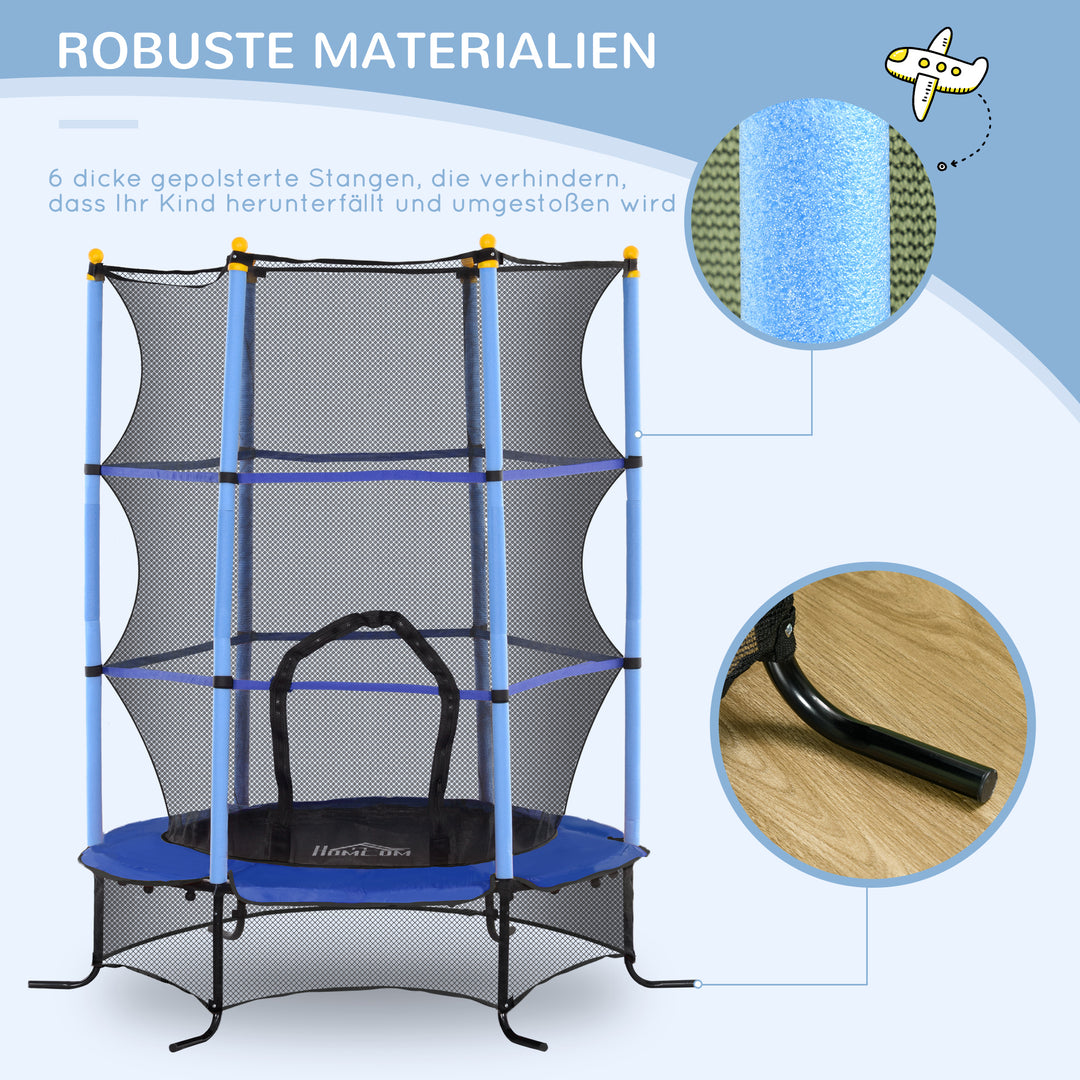 Trampolin til børn, 163 cm diameter, med sikkerhedsnet, indendørs og udendørs, lasteevne op til 50 kg, stål, plastik, blå