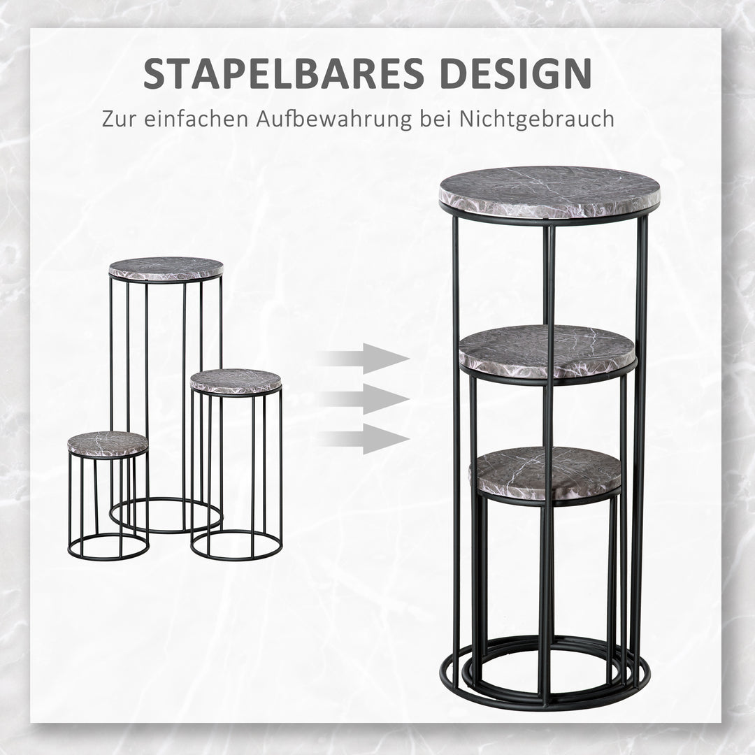 Sæt med 3 metalblomsterstativer, plantestativer i marmorlook, stabelbare blomsterpotteholdere, sort og grå