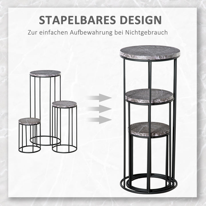 Sæt med 3 metalblomsterstativer, plantestativer i marmorlook, stabelbare blomsterpotteholdere, sort og grå