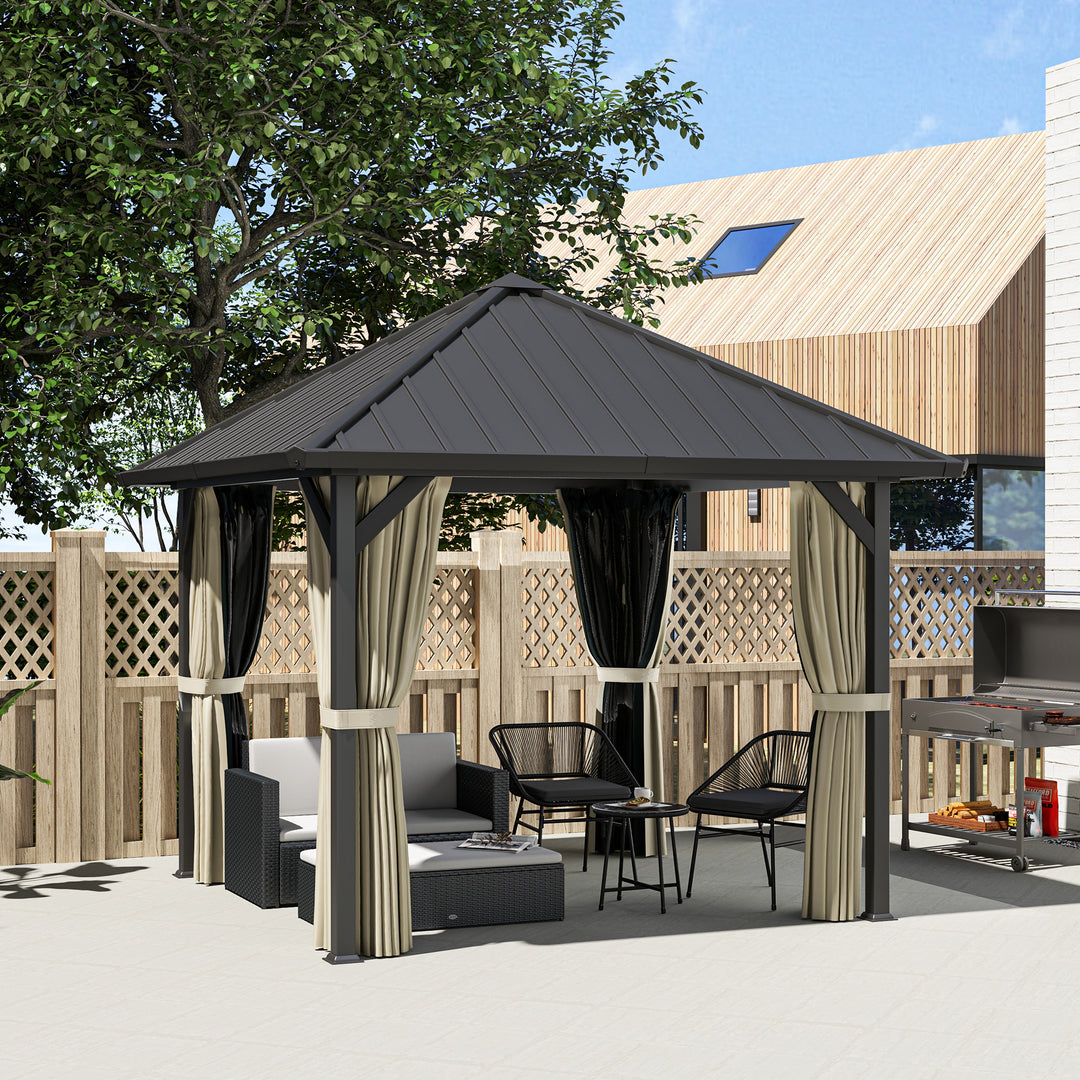 3 x 3 m pavillon med hårdt tag, havepavillon med metaltag, vandtæt havetelt med net og sidevægge, mørkegrå