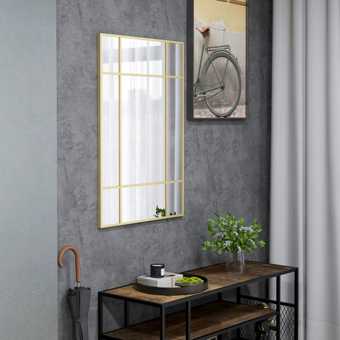Vægspejl, dekorativt spejl med metalramme, guldfarvede striber, flerlagsglas, 90B x 2D x 60H cm
