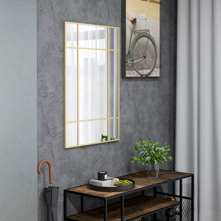 Vægspejl, dekorativt spejl med metalramme, guldfarvede striber, flerlagsglas, 90B x 2D x 60H cm