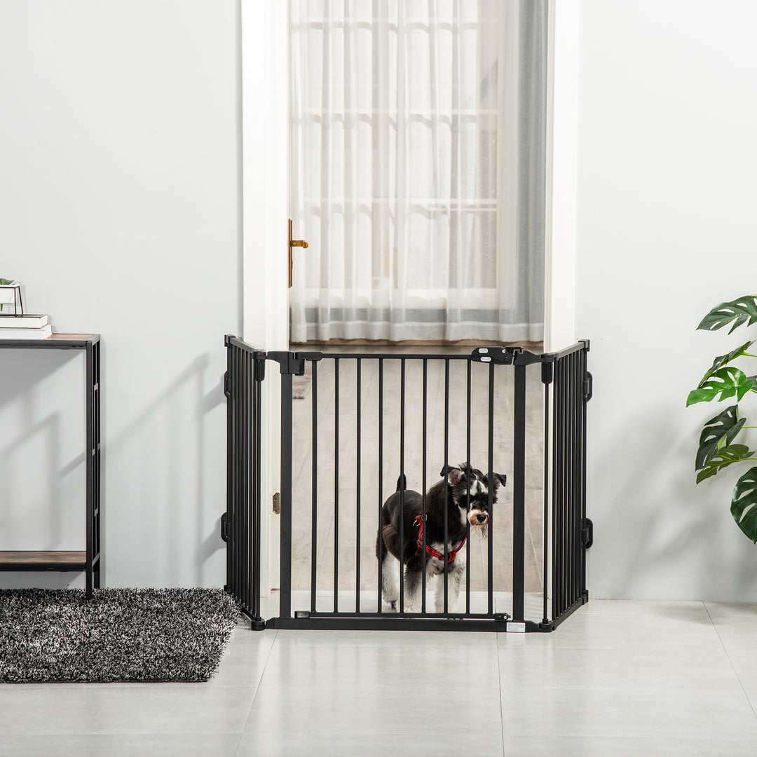 Hundebarrierer sikkerhedslåge kæledyrssikkerhedslåge justerbar foldbar pejsrist med automatisk lukning 3 paneler til komfur vægmonteret/fritstående sort 202,5 x 76 cm
