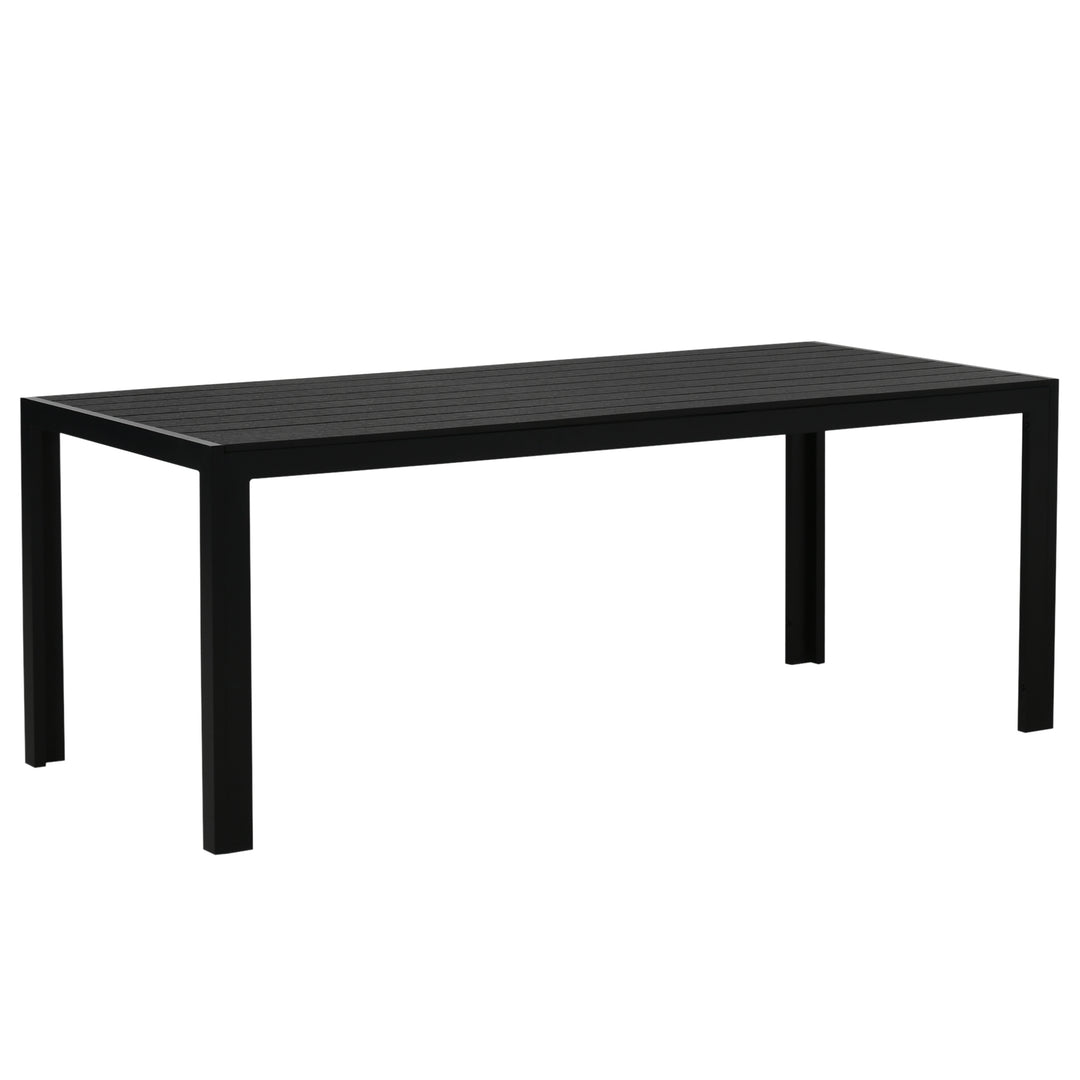 Havebord i plastik, vejrbestandig, trælook, udendørs spisebord til haven, 190 x 84,5 x 72 cm, balkon sort