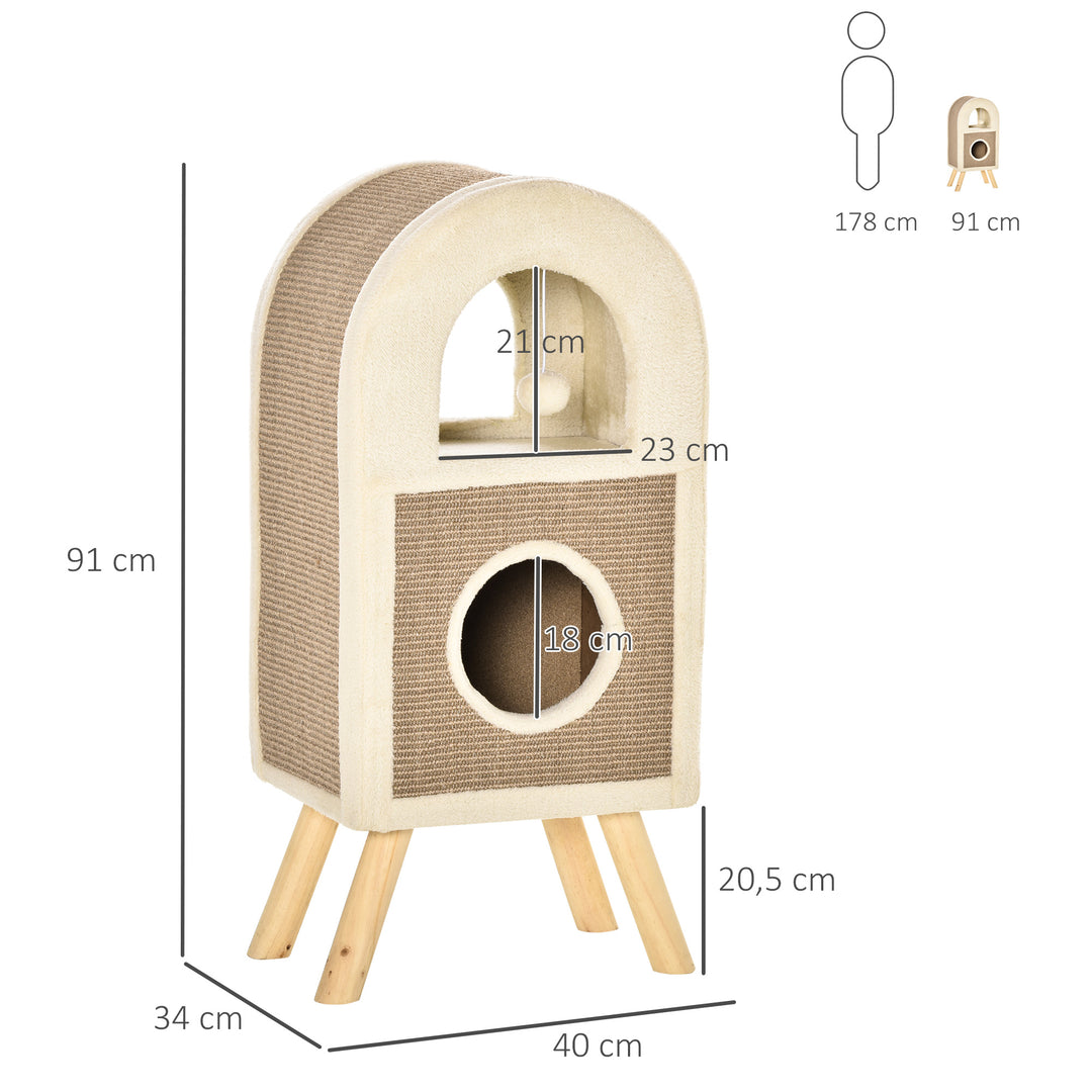 Kradsetræ til kattehule, kradsetræ til katte, kradsetønde med kradsebræt, legebolde, katteseng, kradsemåtte i flere lag, spånplade, plys, sisal, kaffe, 40 x 34 x 91 cm