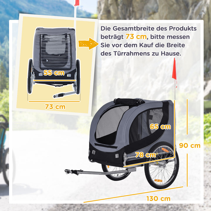 Hundetrailer, cykeltrailer op til 20 kg, foldbar med universalkobling, reflekser, flag, opbevaringsbar, stål+polyester, grå+sort, 130 x 73 x 90 cm