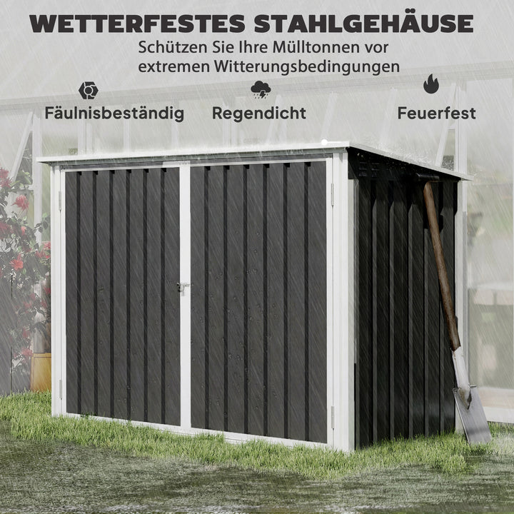 Affaldsopbevaringsenhed til 2 skraldespande fremstillet af galvaniseret stål. Affaldsopbevaringsenhed med hængslet låg, gasfjeder, dobbeltdør, ventilationsåbninger.