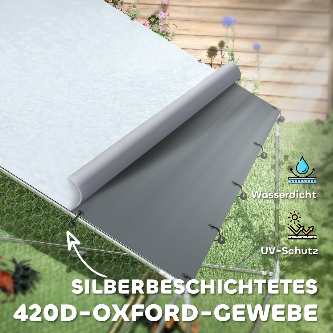 Hønsehus, fritgående indhegning til kyllinger, med uv-bestandig presenning, stålnet, automatisk foderautomat, til 18-24 kyllinger