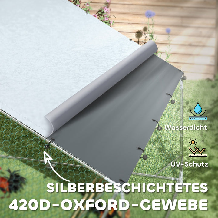 Hønsehus, fritgående indhegning til kyllinger, med uv-bestandig presenning, stålnet, automatisk foderautomat, til 18-24 kyllinger