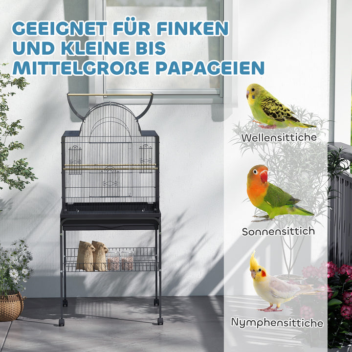 Fuglebur til kanariefugle og undulater, mobil, med bundrum, metalnet, sort