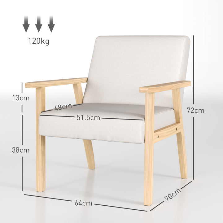 Polstret lænestol med armlæn, spisestol i hørlook, massivt træstel, 64 x 70 x 72 cm, cremefarvet