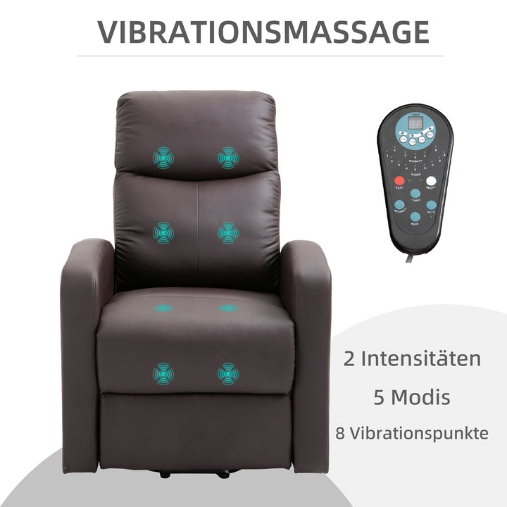 Massagestol med ståstøtte, afslappende stol, lænestol, hovedstøtte, 8 vibrationspunkter, 2 fjernbetjeninger, brun