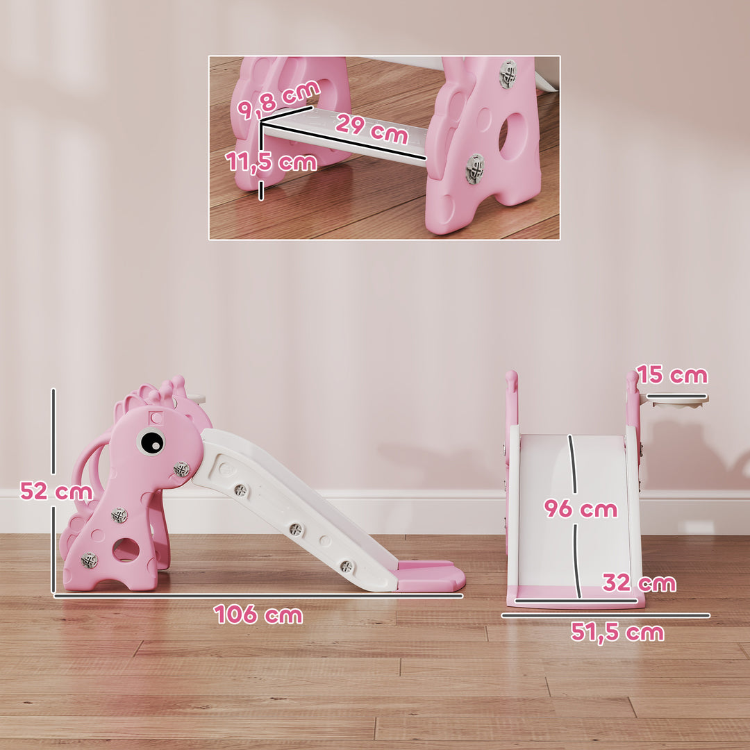3-i-1 rutsjebane til børn, girafformet, basketballkurv, bold, pink