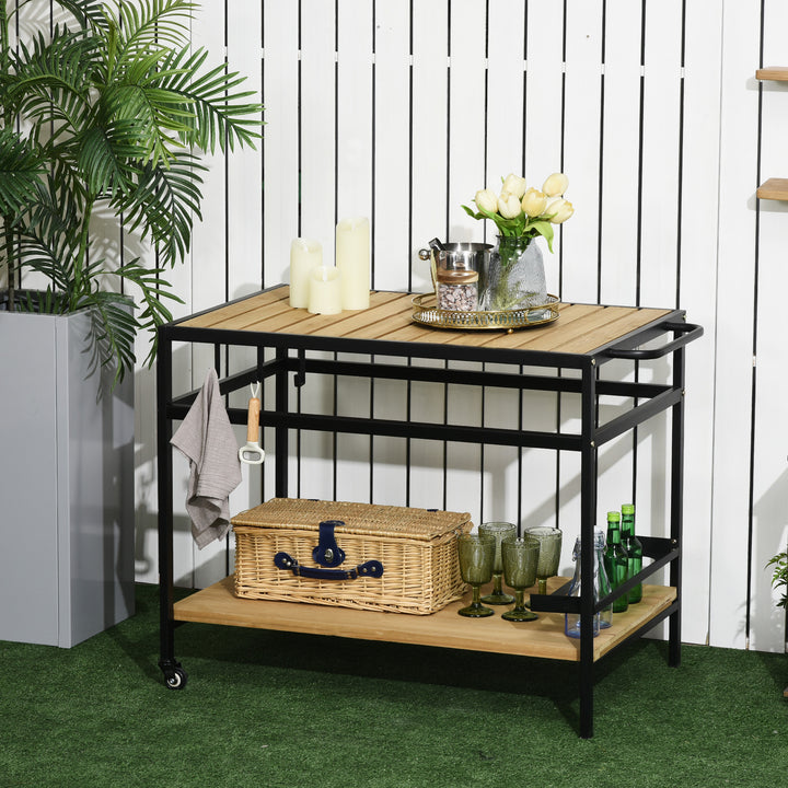 Serveringsvogn i industriel stil, vejrbestandig, 3 kroge, 1 hylde, 107 cm x 65 cm x 80 cm, sort + natur