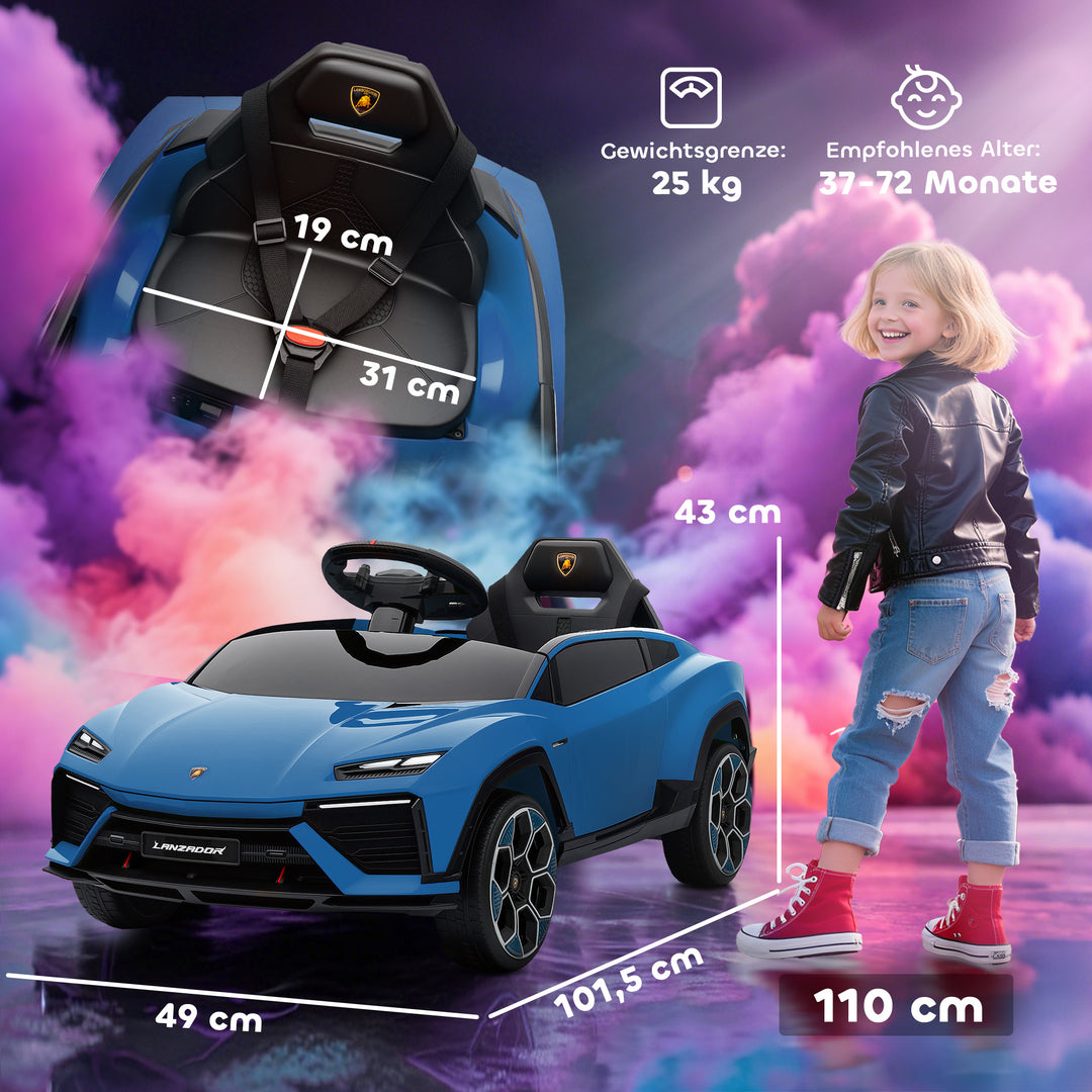 Børne elbil, 12V, med 2,4 GHz fjernbetjening, 2 motorer, horn, LED-lys, musik, 101,5 x 49 x 43 cm, blå