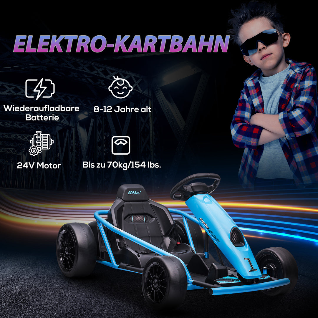 Elektrisk gokart til børn, driftfunktion, horn, musik, sikkerhedssele, blød start, blå/sort