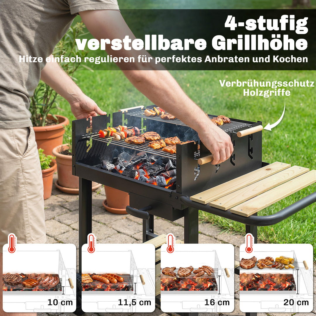 Kulgrillvogn med 4-positioners højdejusterbar grillrist, 2 træhylder, 2 hjul, askebeholder, 99,5 x 58 x 82 cm