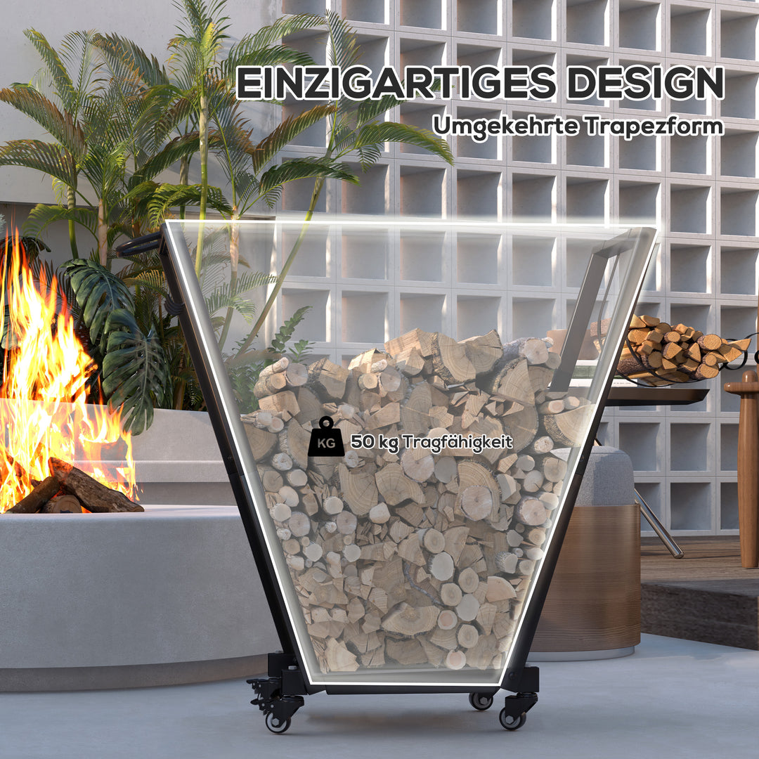 Brændereol, trapezformet design, pulverlakeret metal, mobil med hjul, 79 x 30 x 81 cm, sort