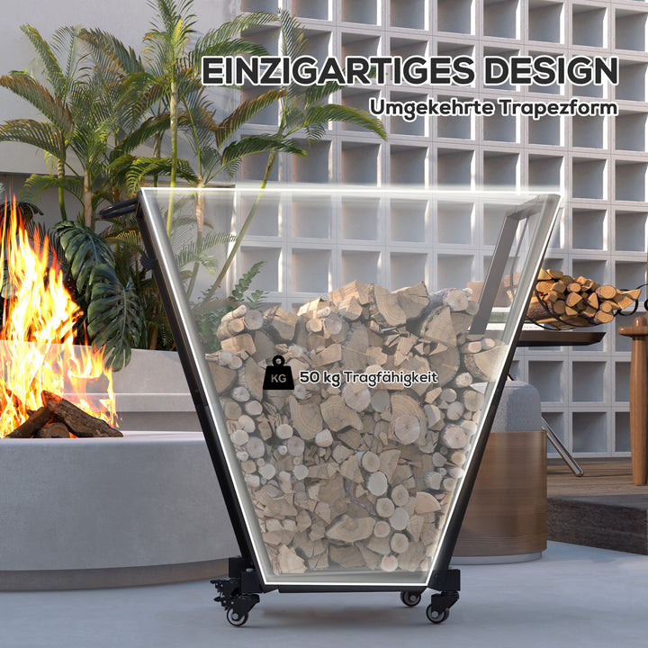 Brændereol, trapezformet design, pulverlakeret metal, mobil med hjul, 79 x 30 x 81 cm, sort