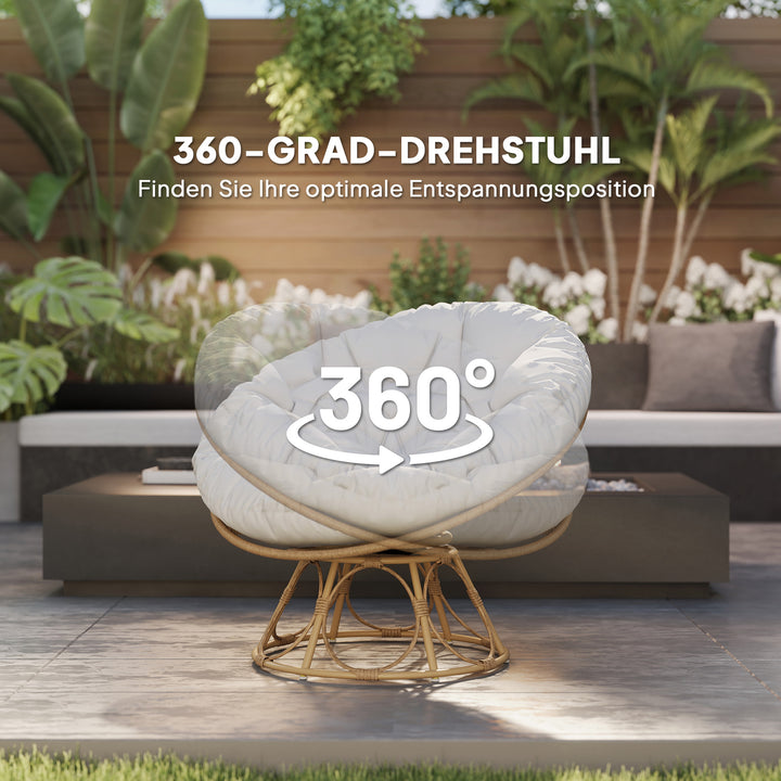 Papasan-stol i rattan, 360° drejelig kurvestol med siddehynde, rund udendørs