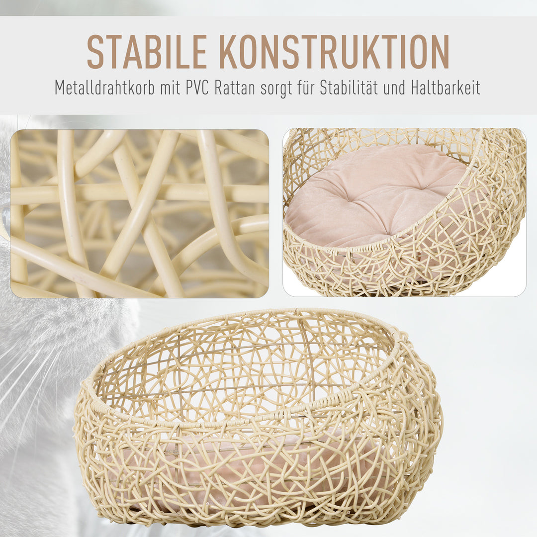 Rattan kattehule, katteseng, kattehus med hynde, kattetelt, kæledyrshus til katte og hunde, beige, Ø56 x 35 cm