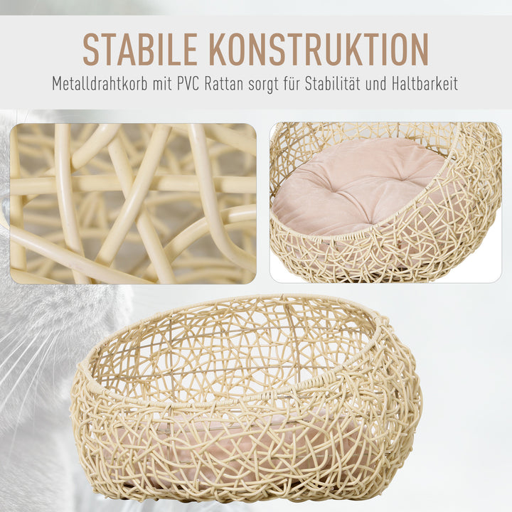 Rattan kattehule, katteseng, kattehus med hynde, kattetelt, kæledyrshus til katte og hunde, beige, Ø56 x 35 cm