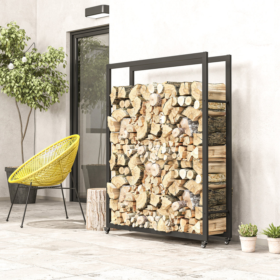 Brændereol med hjul, mobil, metalramme, op til 150 kg, 120 x 32 x 151 cm, sort