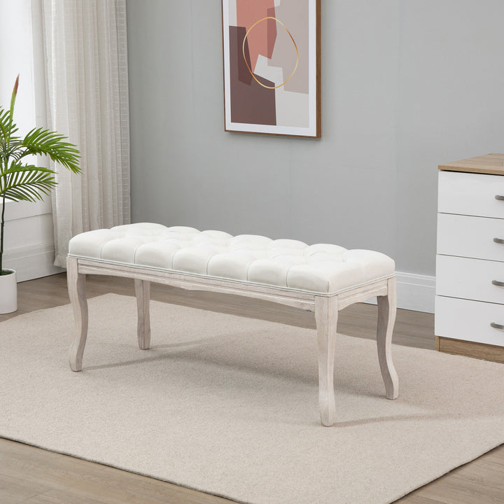 Polstret bænk med linnedbetræk, sengebænk med træramme, skobænk til soveværelse, stue, entre, 110 x 40 x 48 cm, beige