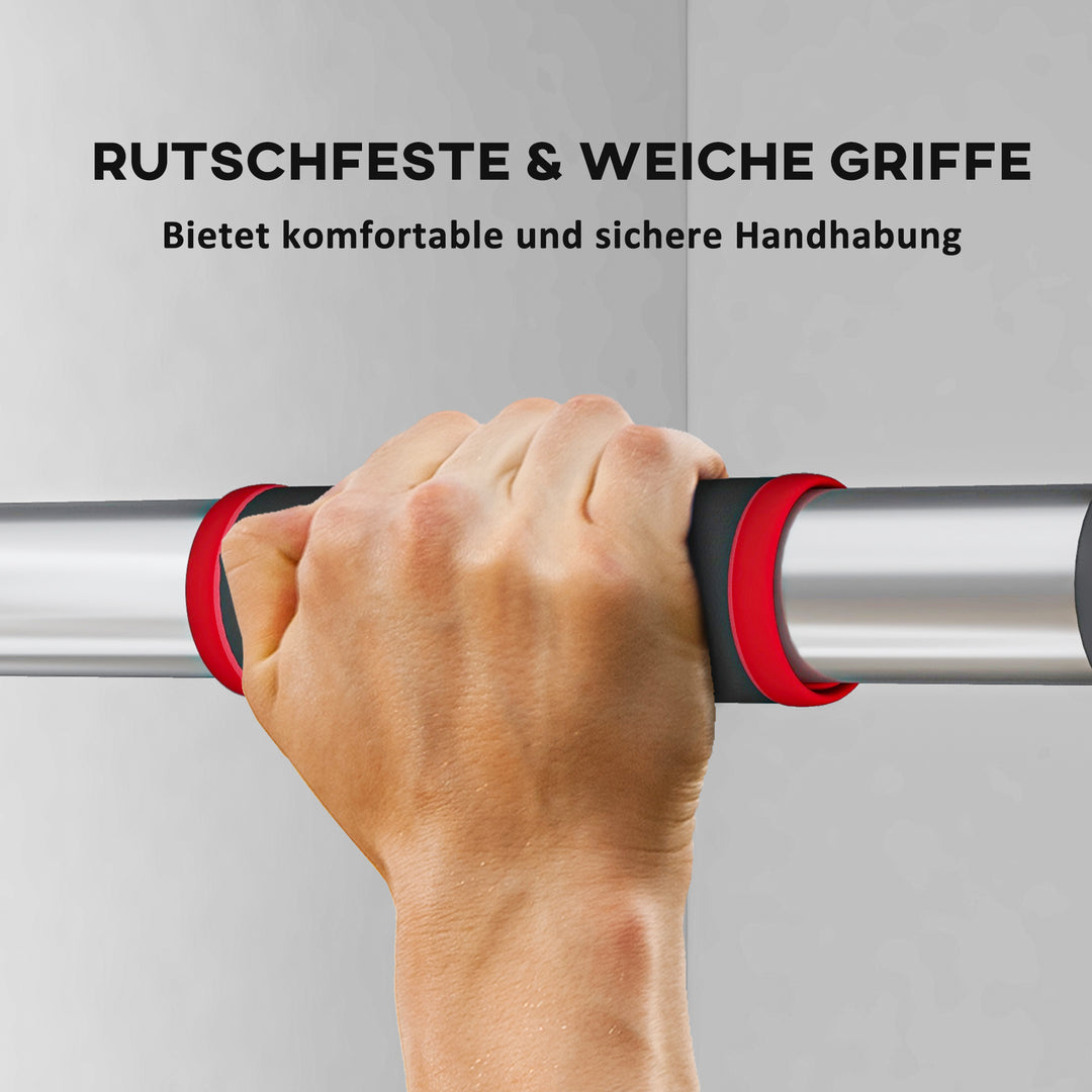 Justerbar pull-up-stang til dørkarme, ingen boring nødvendig, stål, op til 200 kg, 75-92 x 10 x 7 cm, sort/rød