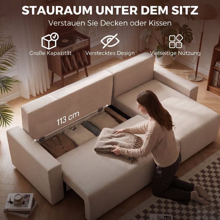 Hjørnesofa med sovefunktion og vendbar chaiselong, L-formet 3-personers sofa med velourbetræk, beige