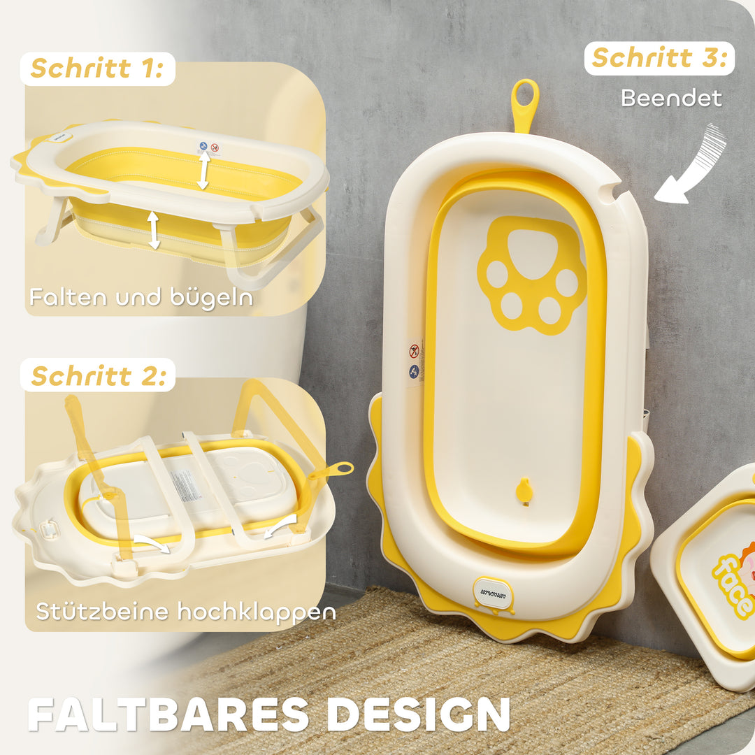 Babybadekar med vask, foldbar, skridsikker bund, komfortabel badehynde, gul