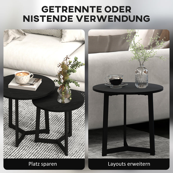Moderne sofabordsæt med 2, metalstel, MDF, rundt design, stabelbart, sort
