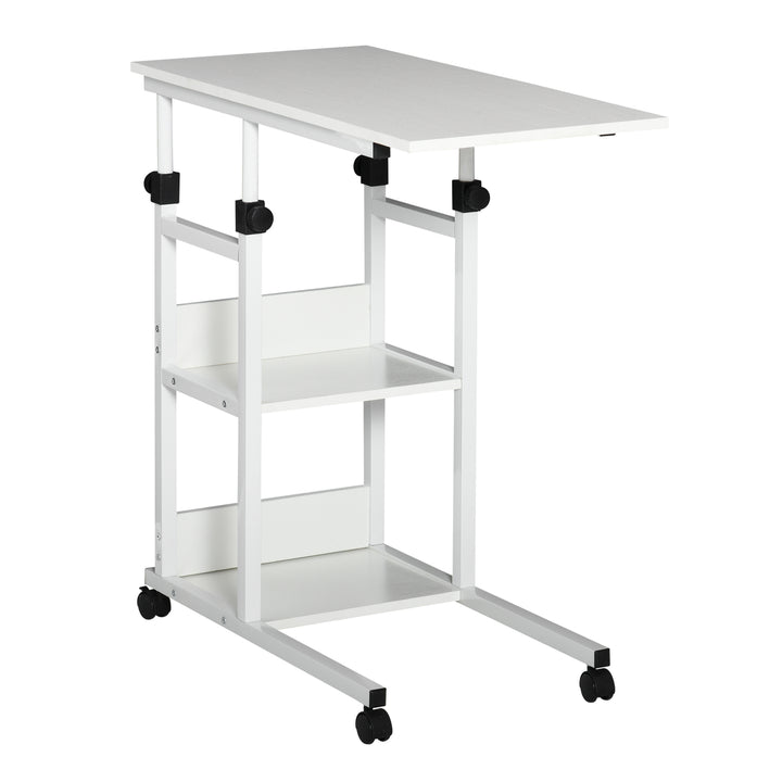 Sidebord med hjul, højdejusterbart, kompakt, 2 hylder, metalstel, 80x40x72-82 cm, hvid
