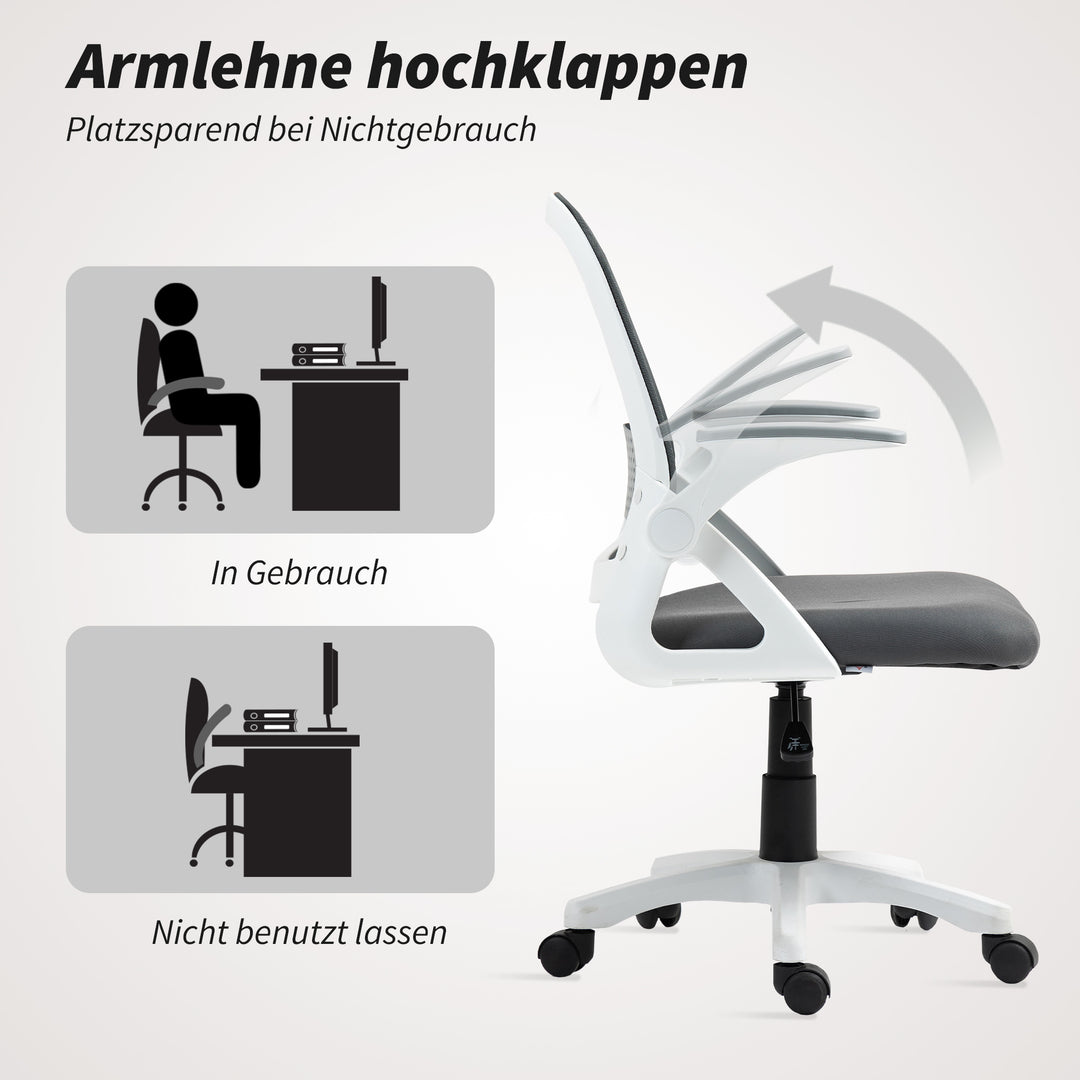 Åndbar netkontorstol, ergonomisk drejestol med foldbare armlæn og lændestøtte, grå