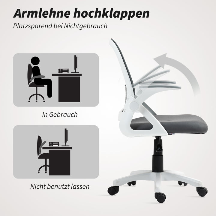 Åndbar netkontorstol, ergonomisk drejestol med foldbare armlæn og lændestøtte, grå