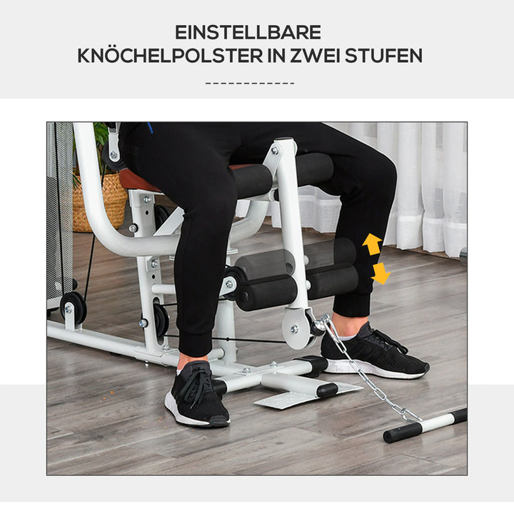 Fitnesscenter, multigym, fitnesscenter, fitnessudstyr inklusive vægte, lat pulldown, benbøjning, metal, PU-læder, hvid, 150 x 110 x 210 cm